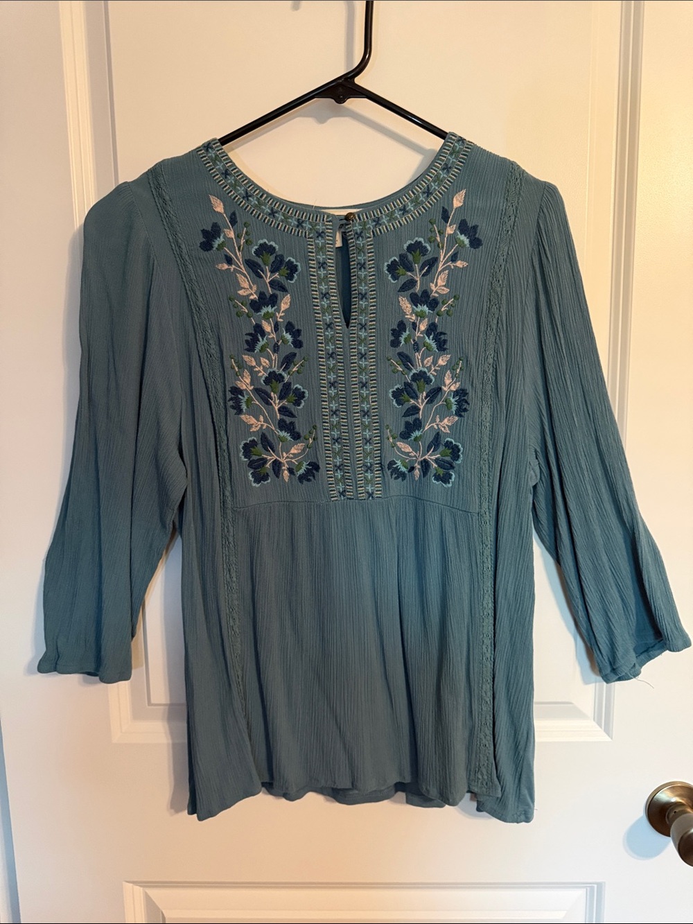 Westbound Teal Blue Floral Embroidered Peasant Blouse